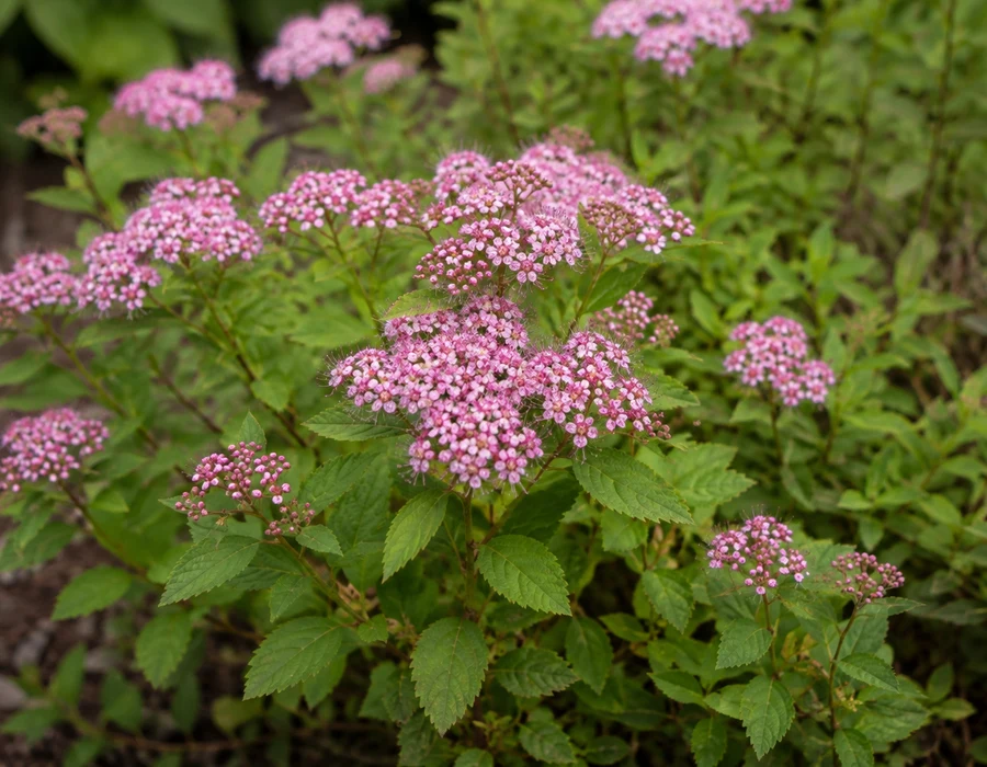 Japanese spiraea flattened flower head with toothed leaves