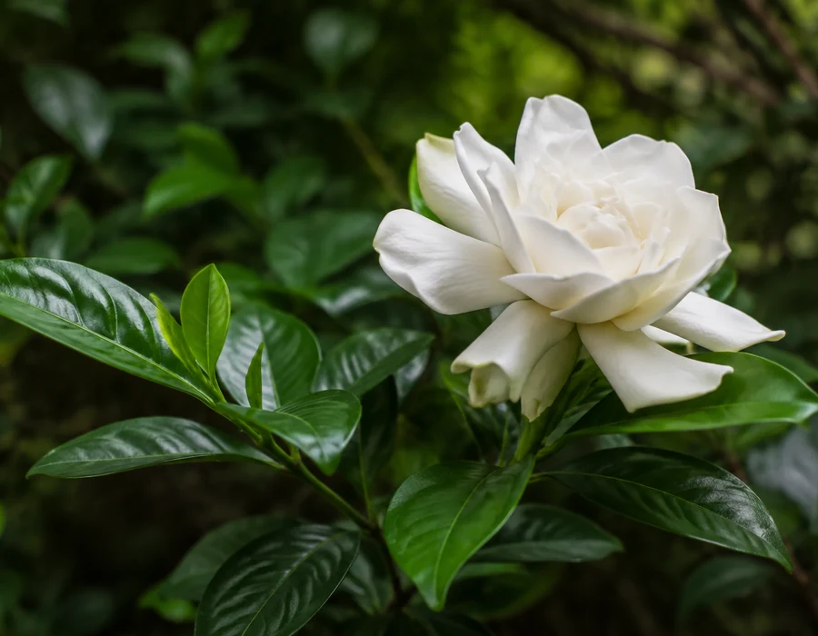 Gardenia jasminoides white bloom against glossy dark leaves