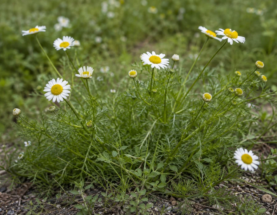 Roman chamomile white rays around a yellow centre with finely divided foliage